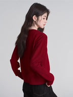 Red knit cardigan and floral print camisole set - View 6 | TEVQA