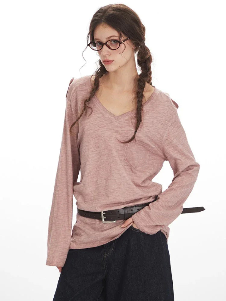Vintage Slub Knit V-Neck Pocket Tee - TEVQA