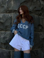 Retro Red CCCP Varsity Sweater with sailor collar and striped trim - View 10 | TEVQA