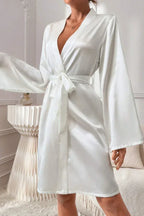 White Satin Bride Robe with Gold Embroidery & Crown, Wedding Day Kimono - Bridal Party Gift - TEVQA