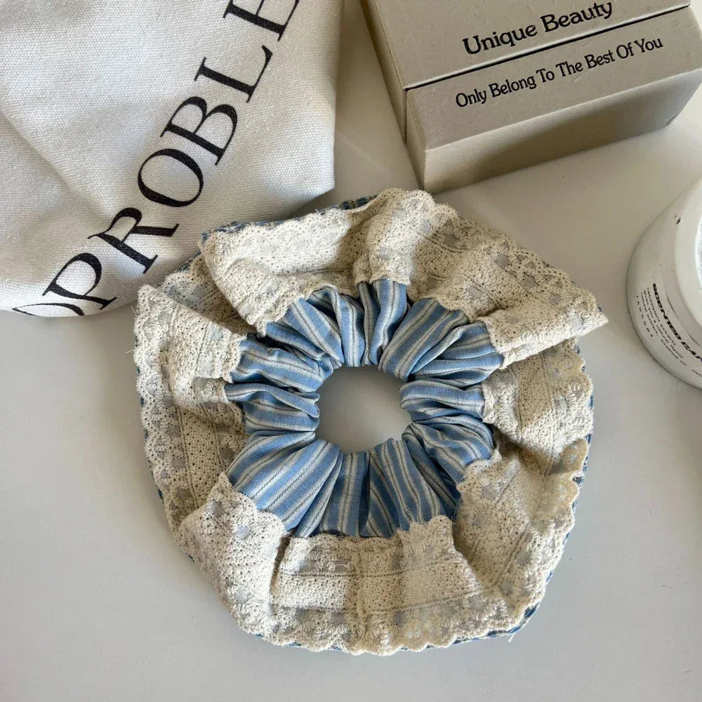 Oversized striped scrunchie with lace trim - View 7 | TEVQA