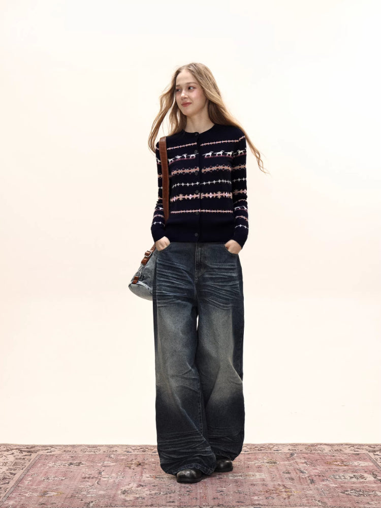 Women's Fair Isle Pattern Knit Cardigan Crew Neck