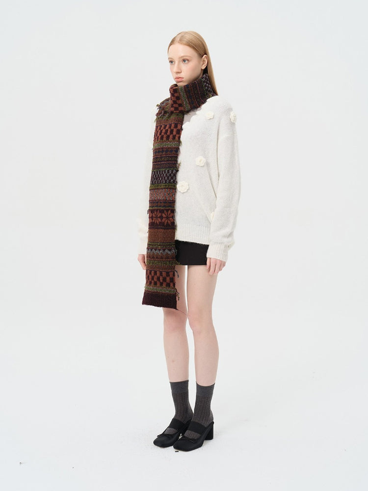 Vintage Fair Isle Jacquard Knit Scarf Wool Blend Raw Edge - Brown Pattern