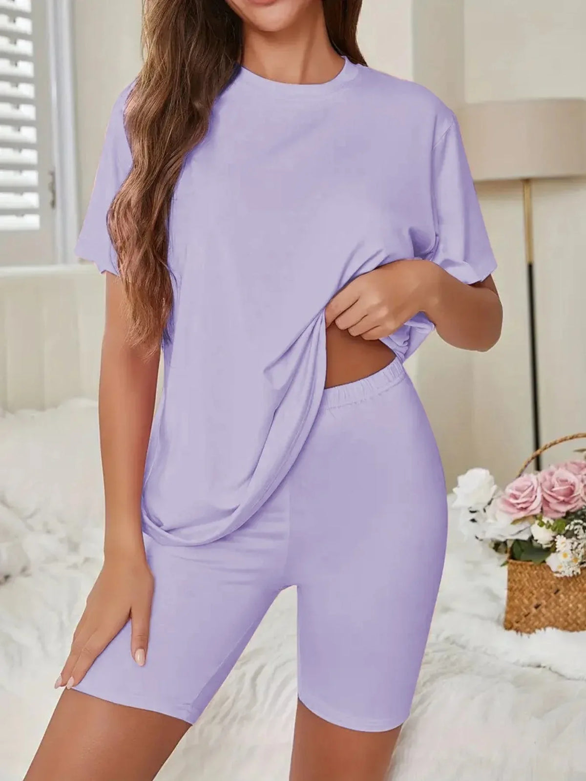 Oversized crew neck t-shirt and biker shorts lounge set - View 11 | TEVQA