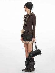 Y2K Mocha Ruched Slim Fit Long Sleeve Top - TEVQA