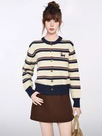 Beige Striped Knit Cardigan Dachshund Embroidery Top