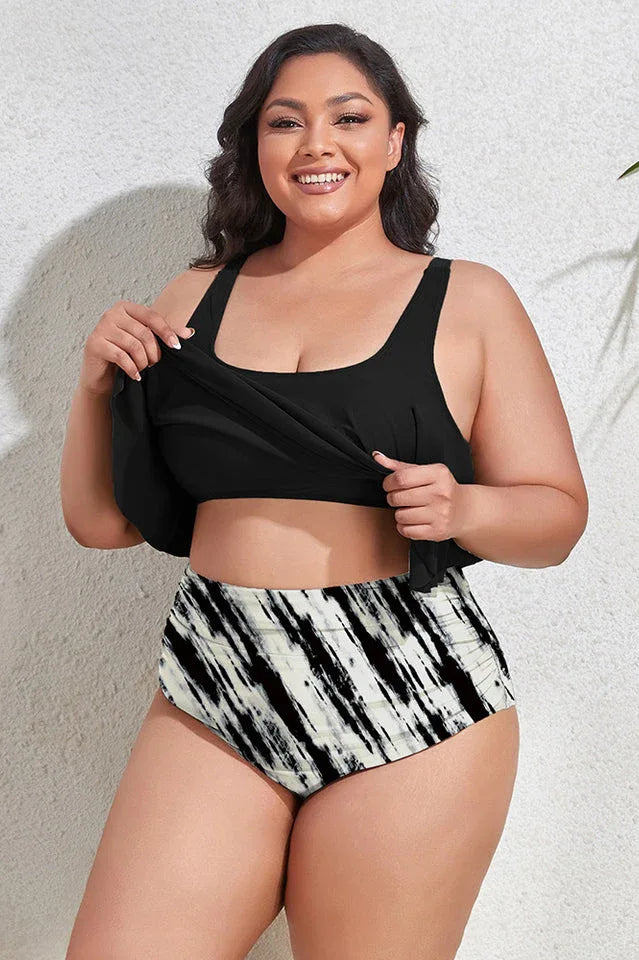 Floral high waist bikini set with ruffled overlay and adjustable straps - View 13 | TEVQA