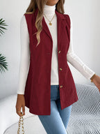 Beige Corduroy Button Down Vest - TEVQA