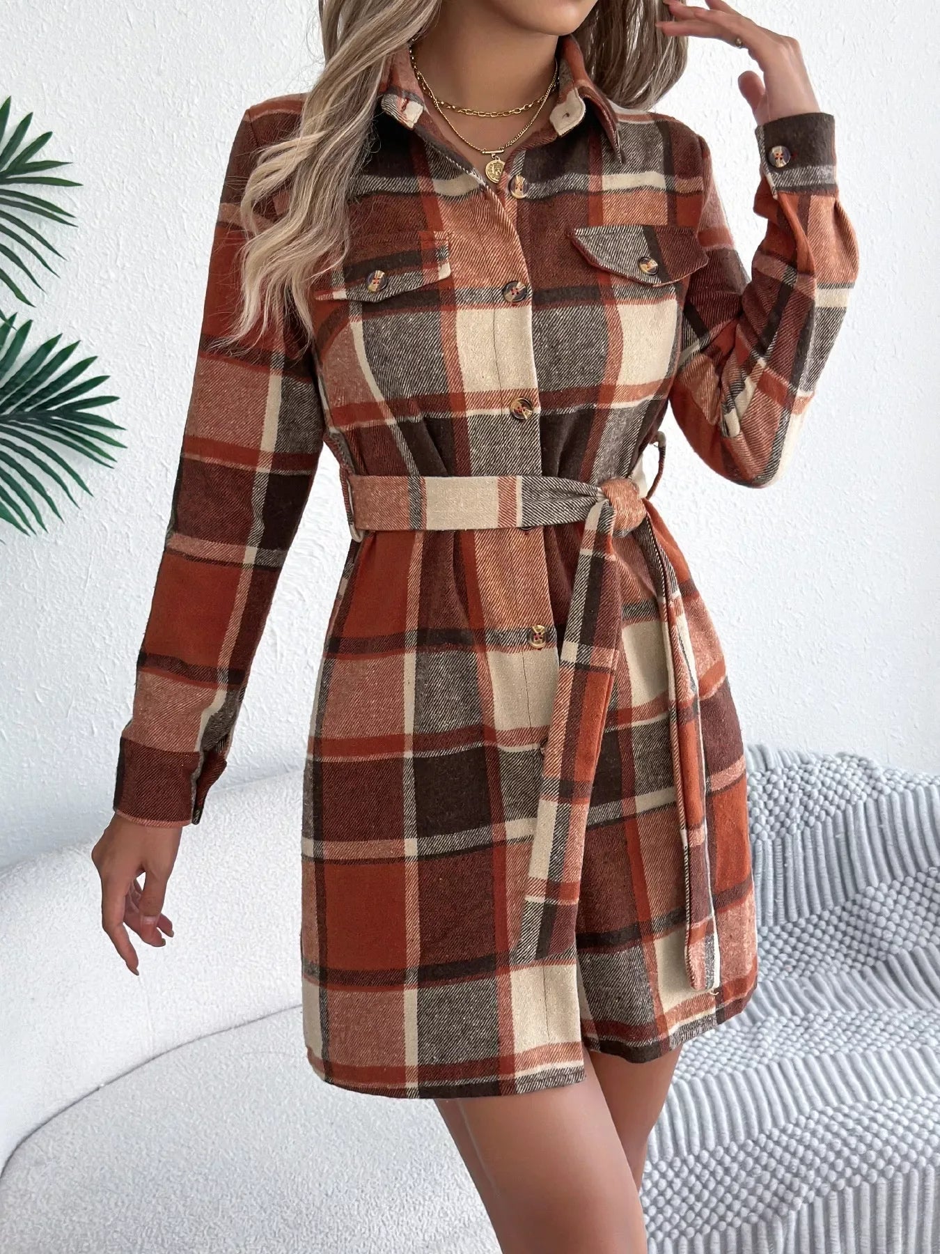 Green Plaid Belted Shirt Dress - View 15 | TEVQA