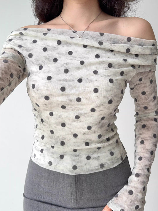 French Polka Dot Off-The-Shoulder Long Sleeve Top