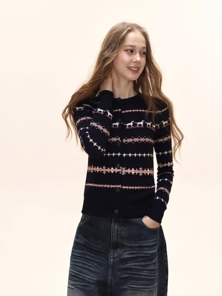 Women's Fair Isle Pattern Knit Cardigan Crew Neck