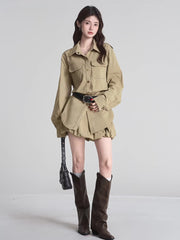 Khaki Utility Cargo Shirt & Bubble Skirt Set