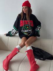 Retro Varsity "Camping" Oversized Knit Hoodie