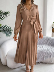 Vintage Khaki V-Neck Pleated Maxi Dress - TEVQA