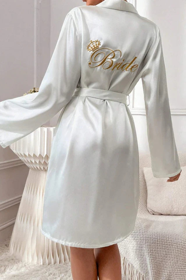 White Satin Bride Robe with Gold Embroidery & Crown, Wedding Day Kimono - Bridal Party Gift