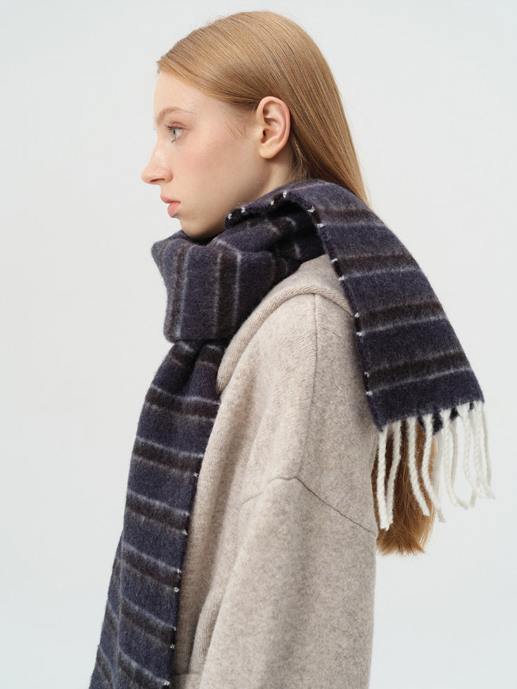 Soft Wool Blend Striped Scarf with Fringe