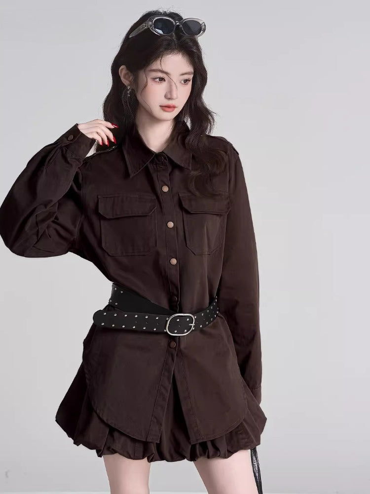 Khaki utility shirt and bubble mini skirt set with belt - View 7 | TEVQA