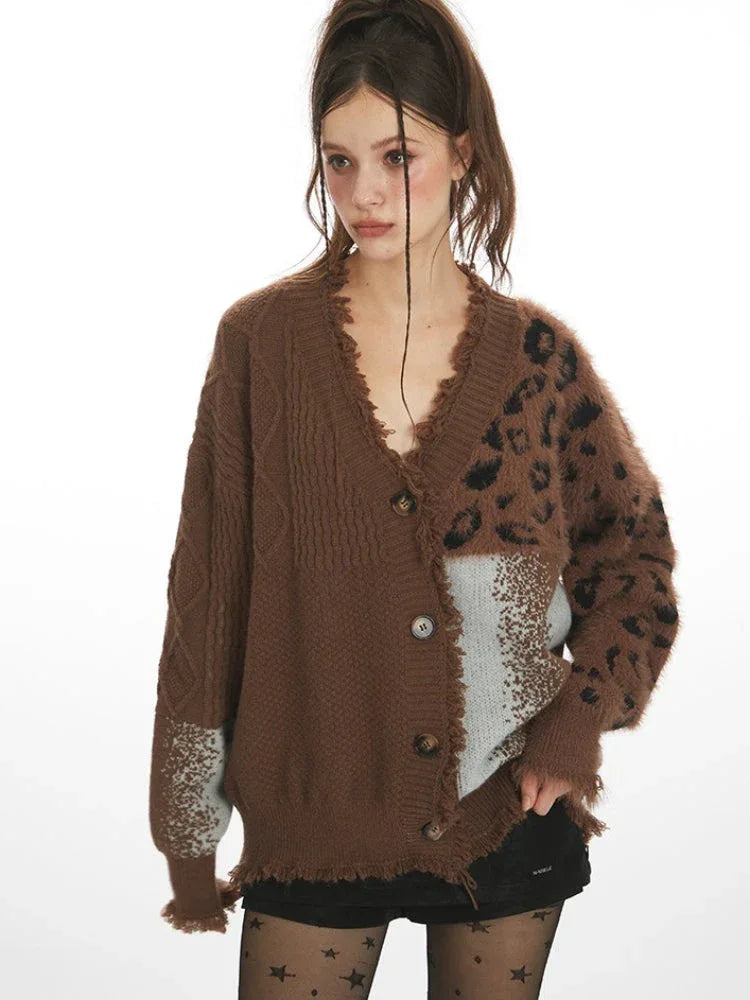 Y2K Grunge Leopard Patchwork Cardigan - TEVQA