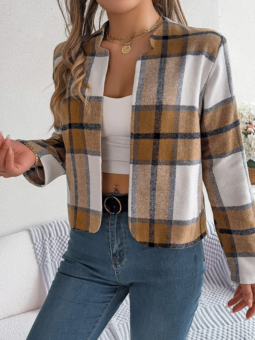 Navy blue plaid cropped jacket - View 13 | TEVQA