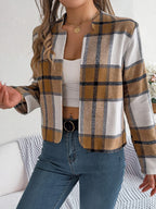Navy blue plaid cropped jacket - View 13 | TEVQA