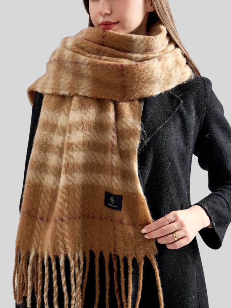 Women's Vintage Plaid Scarf Oversized Faux Mohair Bouclé Wrap with Fringe - Camel & Beige