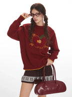 Whimsical Apple & Teddy Bear Pocket Knit Sweater - TEVQA