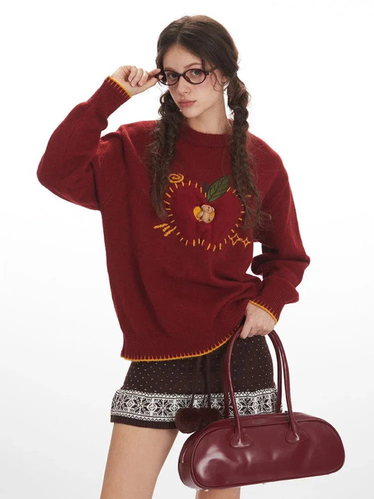 Whimsical Apple & Teddy Bear Pocket Knit Sweater - TEVQA