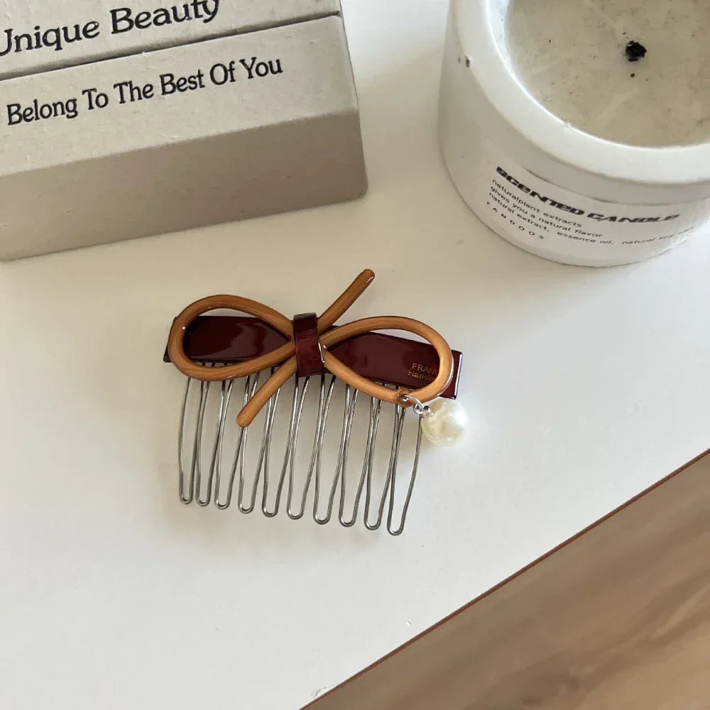 Acetate bow and pearl hair comb pin - View 7 | TEVQA