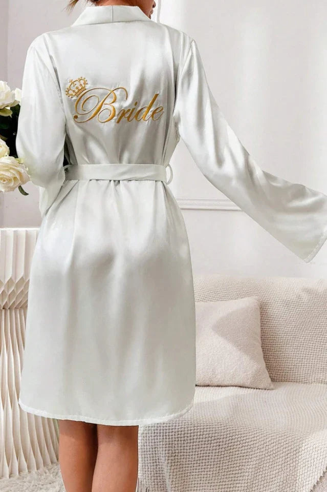 White Satin Bride Robe with Gold Embroidery & Crown, Wedding Day Kimono - Bridal Party Gift