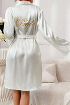 White Satin Bride Robe with Gold Embroidery & Crown, Wedding Day Kimono - Bridal Party Gift - TEVQA
