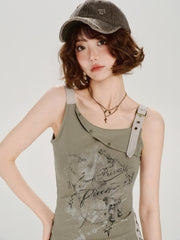 Vintage Graphic Patchwork Tank Top with Buckle Strap - Olive Green