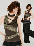 Vintage Grunge Tie-Dye Patchwork Tank Top Brown