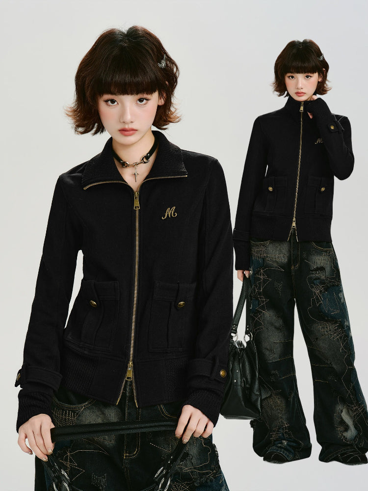 Vintage Stand Collar Zip-Up Sweatshirt with Pockets - Black