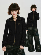 Vintage Stand Collar Zip-Up Sweatshirt with Pockets - Black