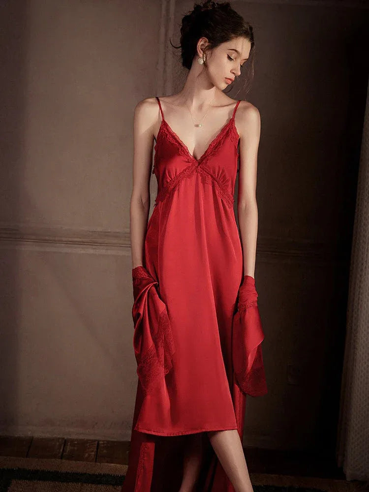 Satin Lace Nightgown and Robe Set - View 13 | TEVQA