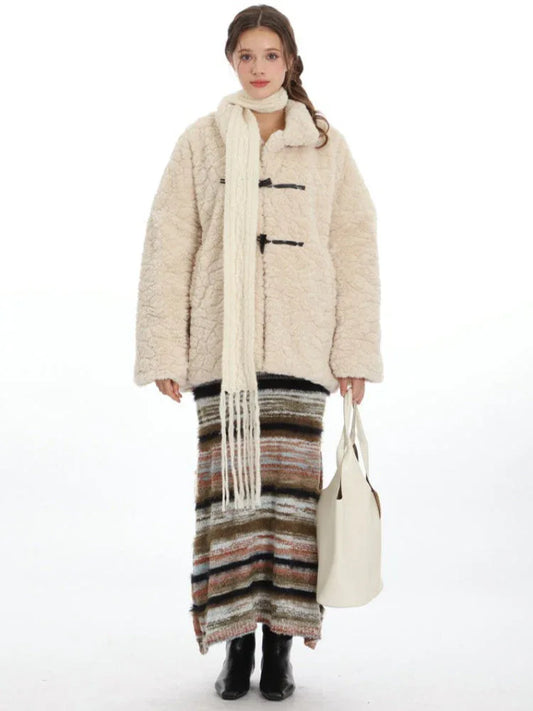 Old Money Aesthetic Cream Sherpa Toggle Coat - TEVQA