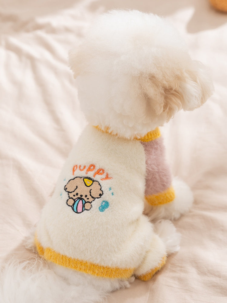 Rear view of a white Bichon Frise dog wearing a color block sweater with 'puppy' embroidered on the back.