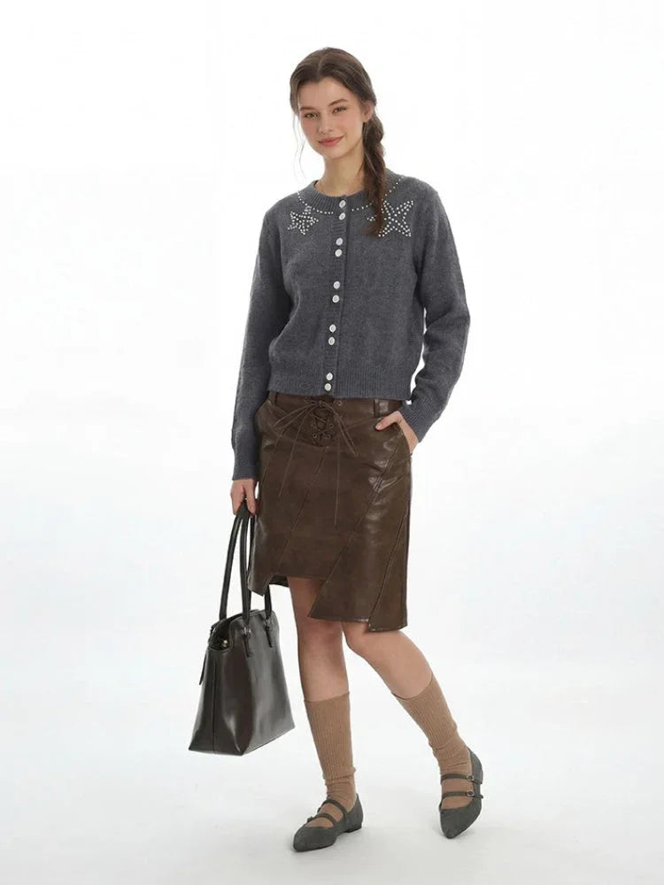 Coquette Grey Pearl Star Fuzzy Cardigan - TEVQA