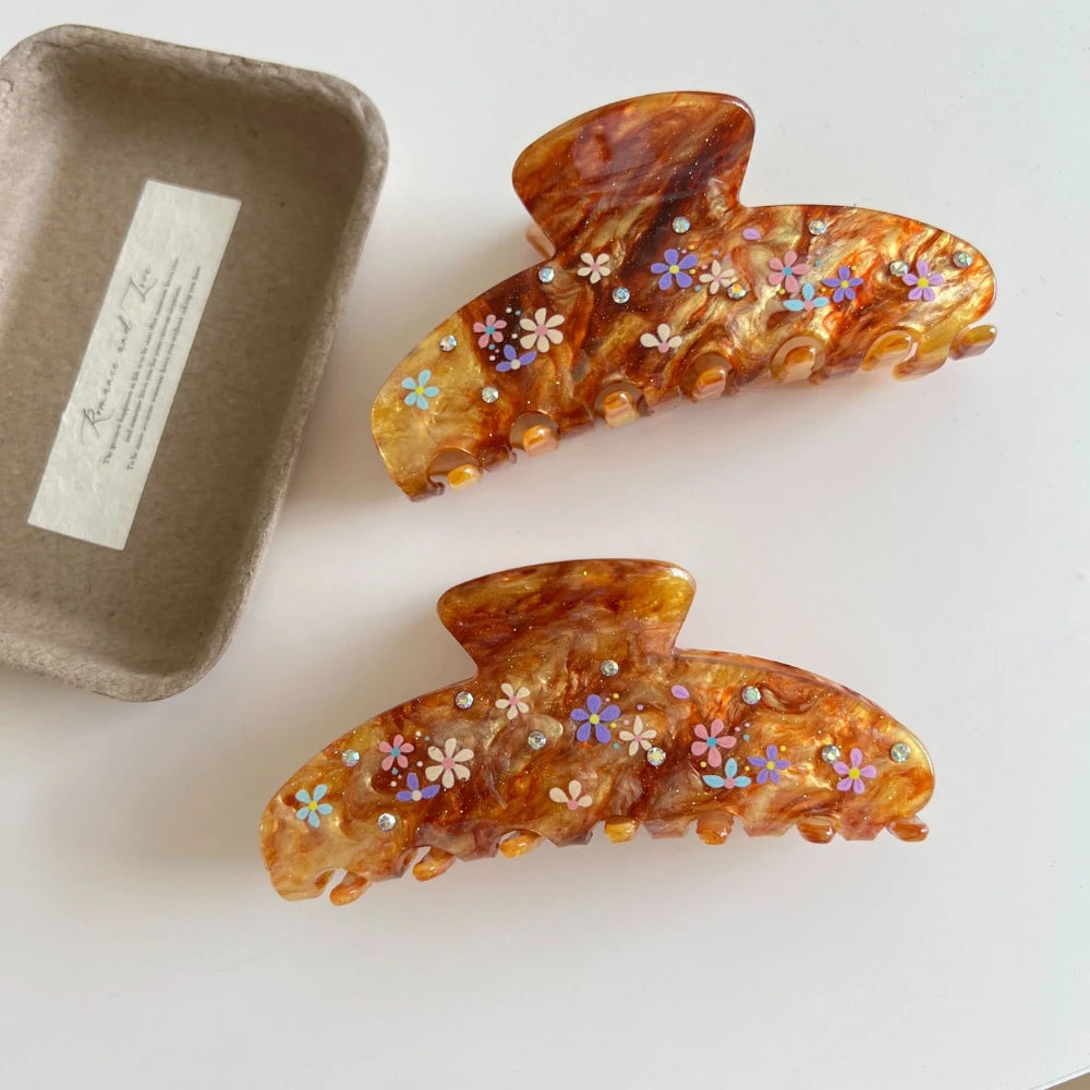 Floral & Rhinestone Inlaid Acetate Hair Claw Clip (4 Inch)