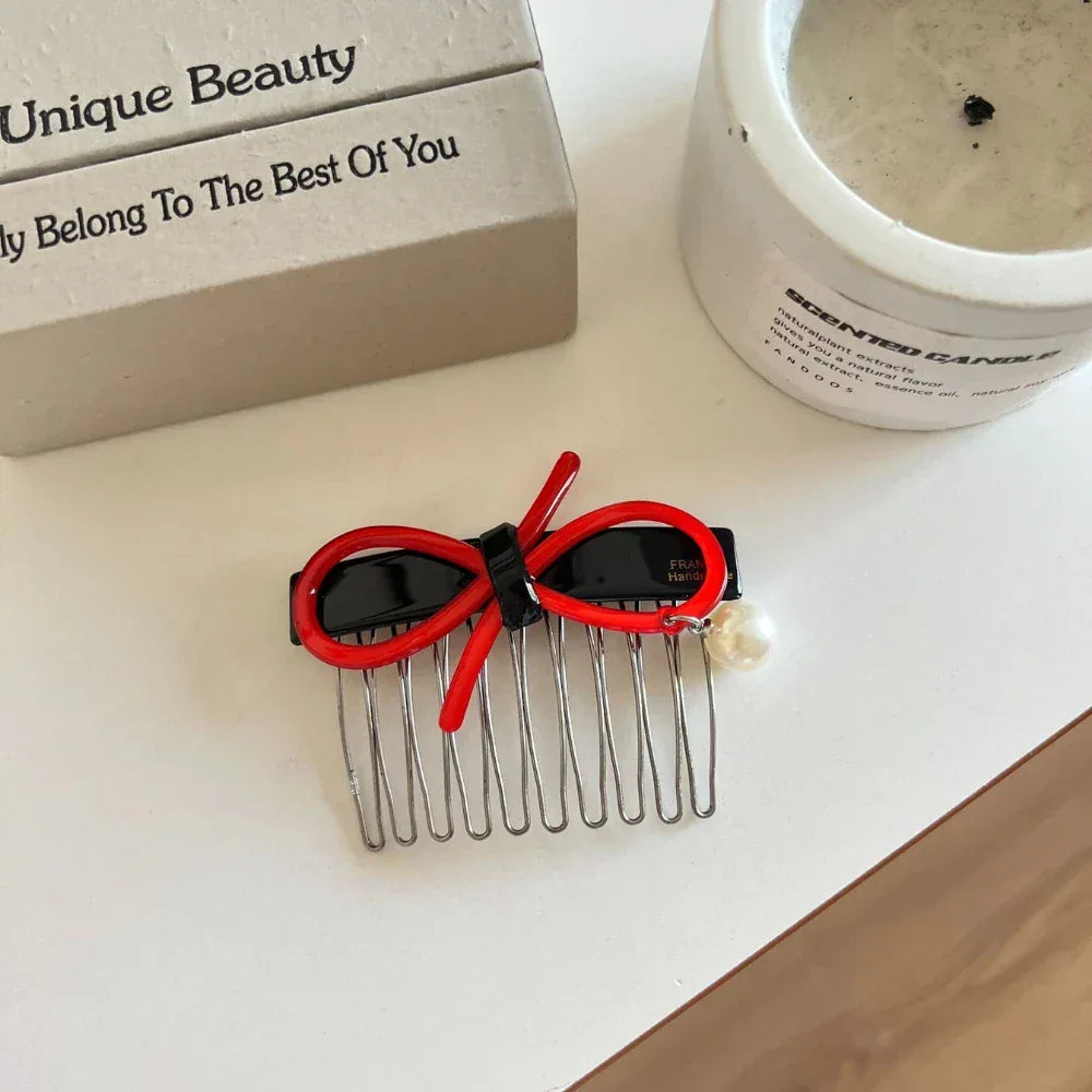 Acetate bow and pearl hair comb pin - View 6 | TEVQA