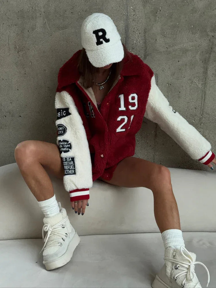 Vintage Red Sherpa Varsity Jacket - TEVQA