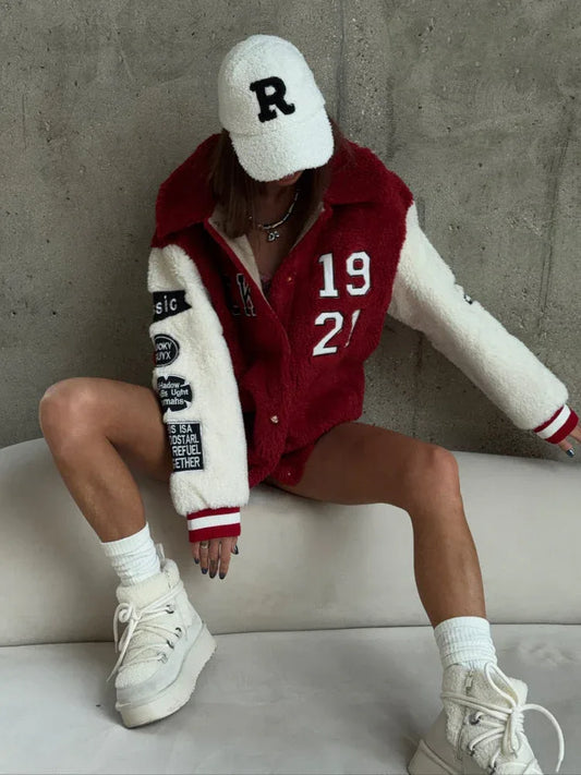 Vintage Red Sherpa Varsity Jacket - TEVQA