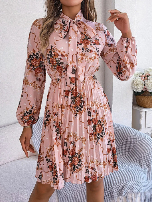 Vintage Pink Floral Pleated Dress - TEVQA