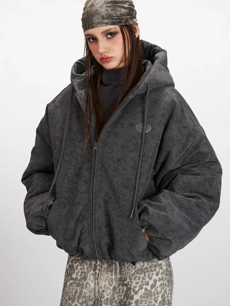 Vintage Wash Distressed Hooded Puffer Jacket - TEVQA