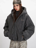 Vintage Wash Distressed Hooded Puffer Jacket - TEVQA