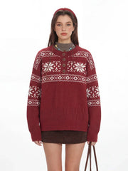 Vintage Red Fair Isle Henley Sweater - TEVQA