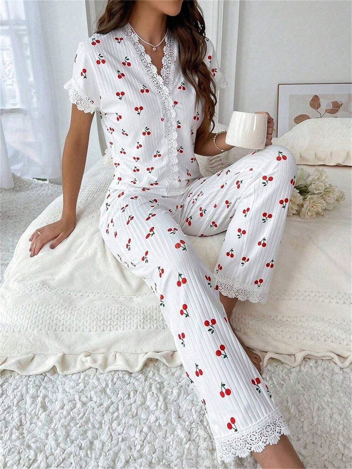 Cherry print ribbed pajama set with lace trim - View 6 | TEVQA