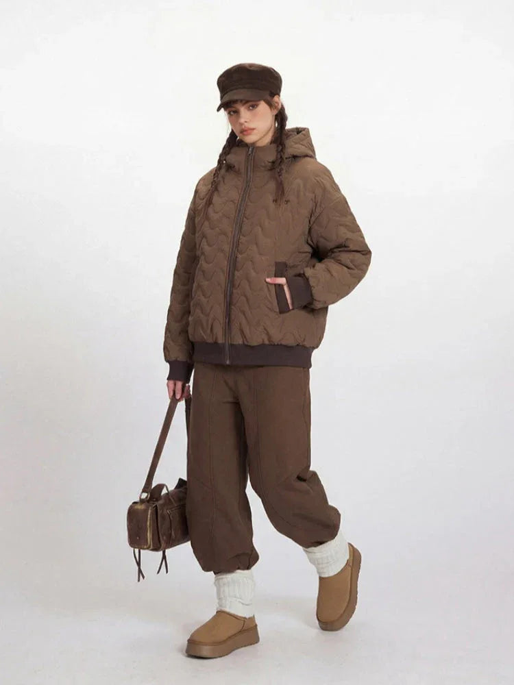 Vintage Mocha Wavy Quilted Hooded Puffer Jacket - TEVQA