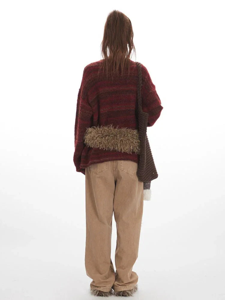 Vintage Burgundy Striped Knit Sweater - TEVQA