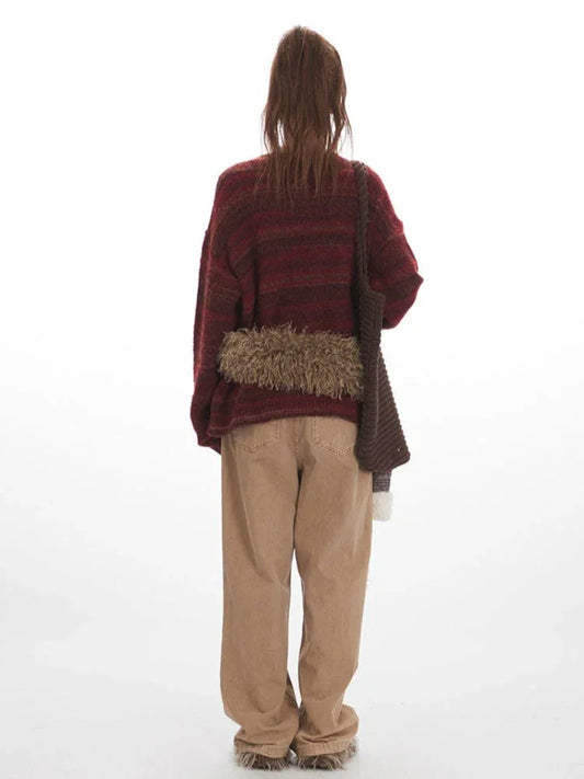 Vintage Burgundy Striped Knit Sweater - TEVQA